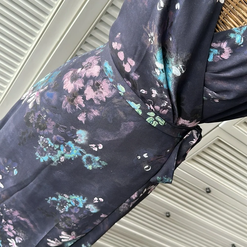Babaton XS Floral Wrap Dress in Charcoal/Pink/Blue/Green - Picture 2 of 8